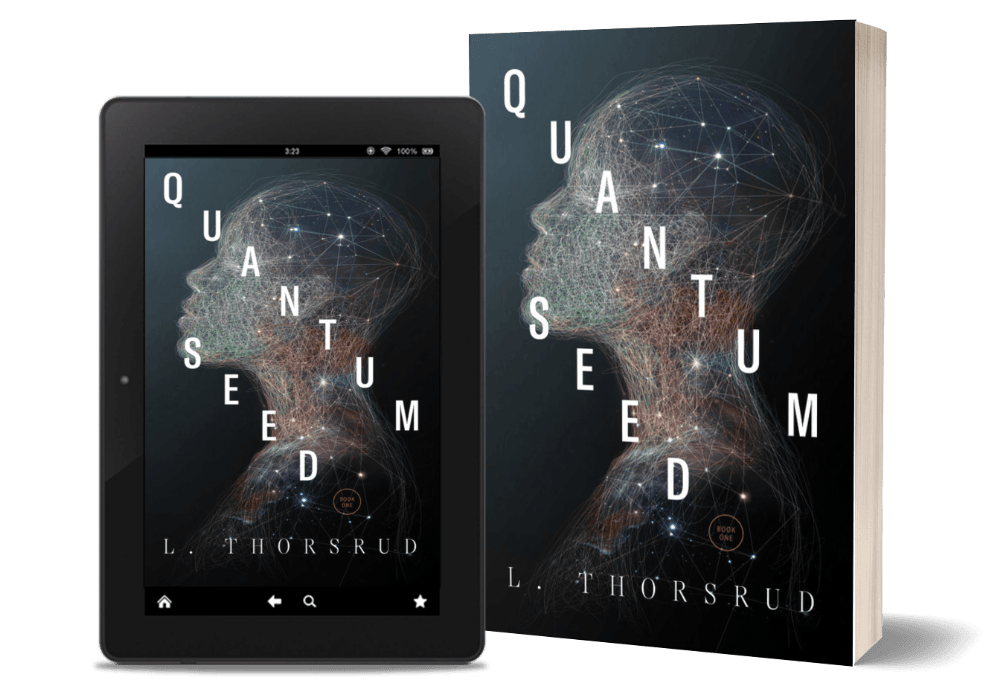 Book cover for QUANTUM SEED. L. Thorsrud.
Picture of head with universe of stars and nebulae.